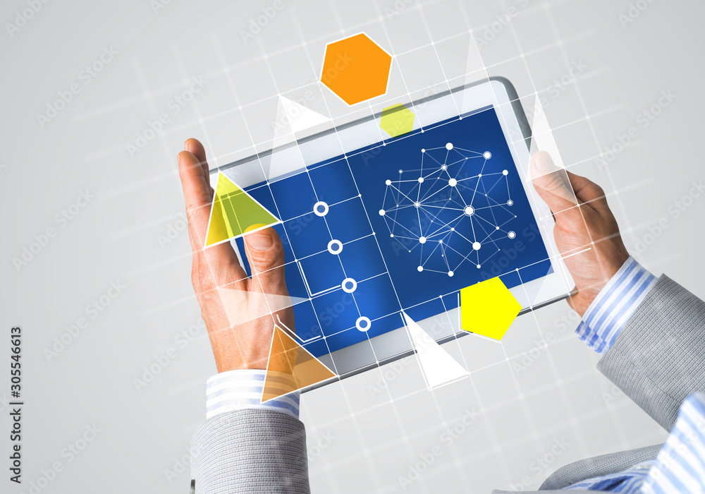 Poster interface of mobile application with charts and financial data