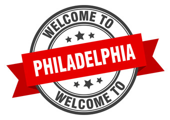 Philadelphia stamp. welcome to Philadelphia red sign