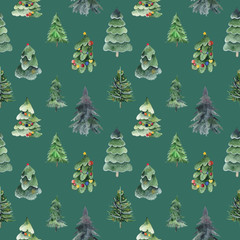 Watercolor seamless pattern of green christmas tree