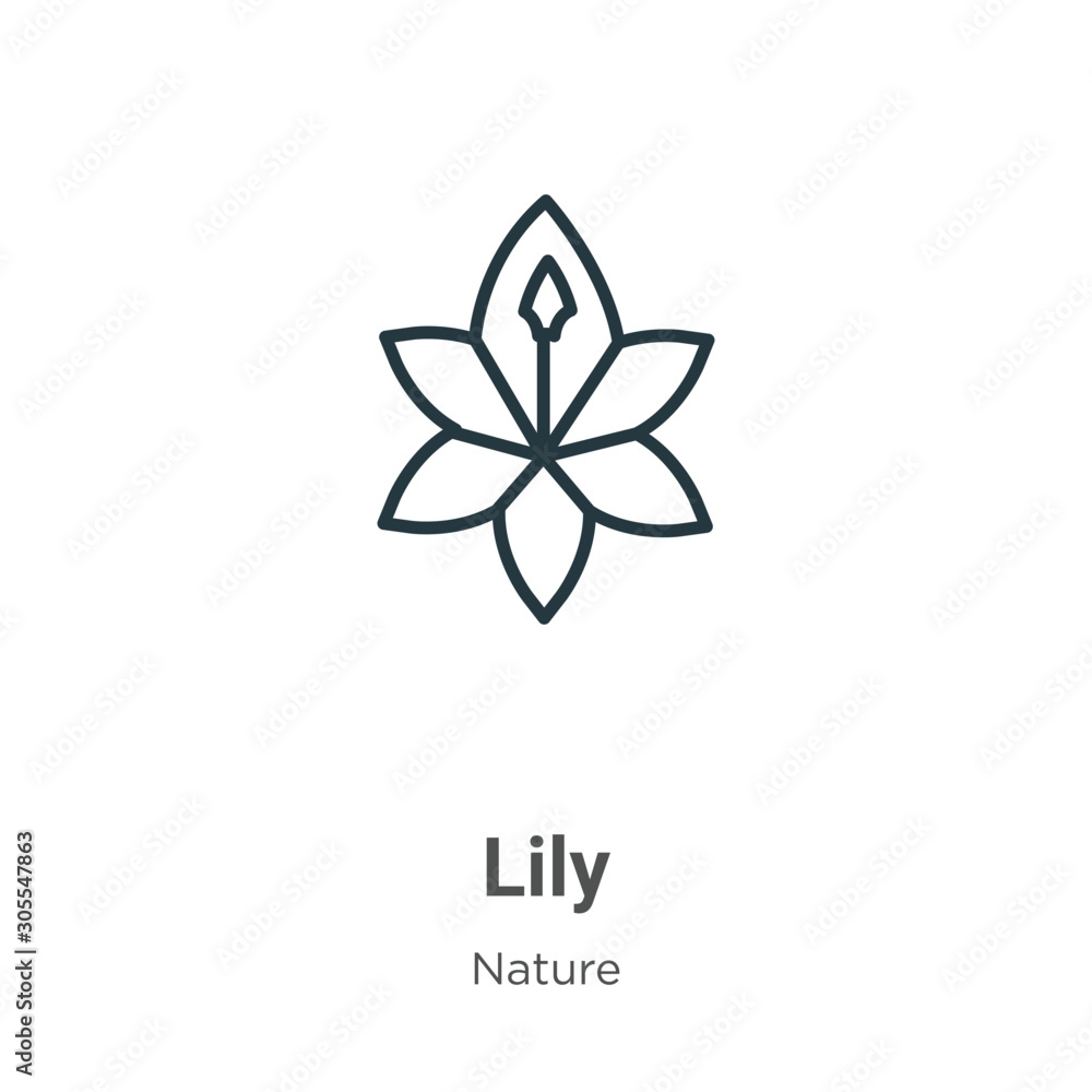 Poster lily outline vector icon. thin line black lily icon, flat vector simple element illustration from ed