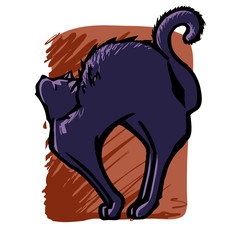 Black cat with a curled tail stretching in front of a purple & orange background