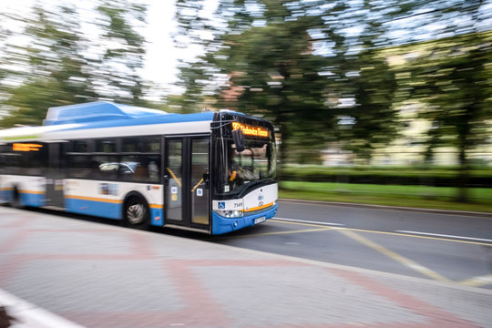 OSTRAVA, CZECH REPUBLIC - AUGUST 30, 2019: Arriving Solaris Urbino 12M CNG vehicle to the bus stop with a very strong motion blur effect emphasizing the speed of the car.
