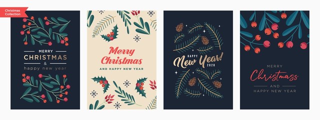 Set of Christmas and Happy New Year Floral Card templates. Trendy retro style. Vector design element.