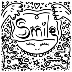 smile, vector lettering and doodling, black and white