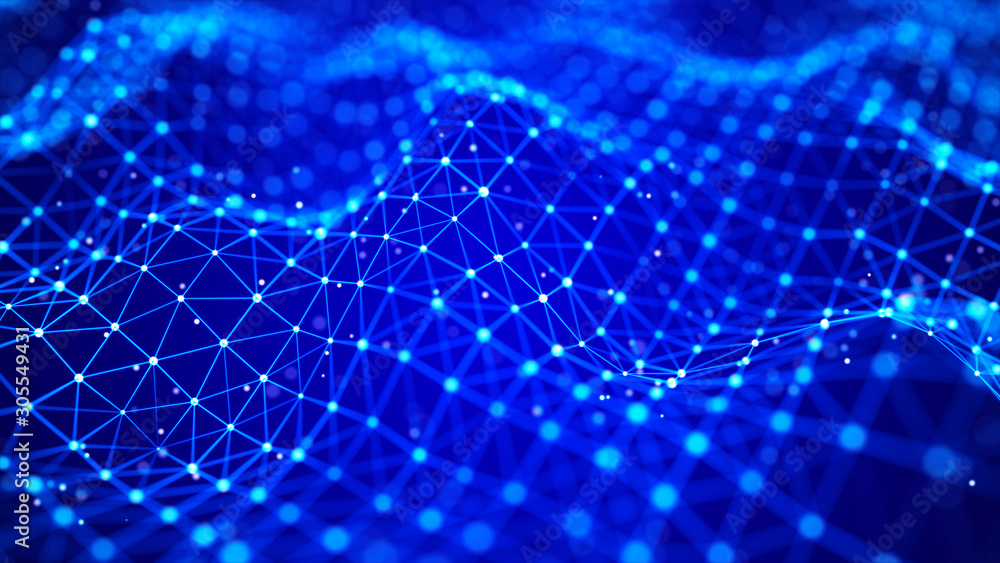 Poster Wave of particles. Futuristic blue dots background with a dynamic wave. Big data. 3d rendering.