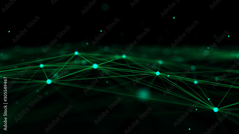 Fototapete Wave with connecting dots and lines. Futuristic green dots background with a dynamic wave. 3d rendering.