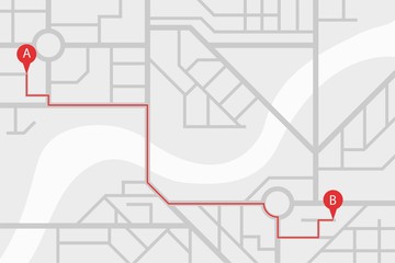 City street map plan with GPS pins and navigation route from A to B point markers. Vector gray color illustration schema