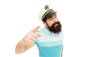 Sailor spirit born free. Bearded sailor isolated on white. Sailor or seaman point finger. Work as sailor. Professional mariner. Navy and marine. Sailing. The adventure begins