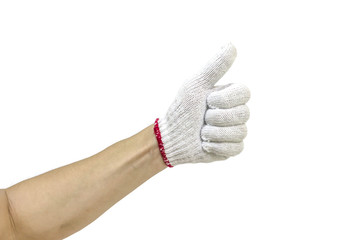 Close-up of man hand with thumb up with mechanic glove, Isolate, likes or approves concept.