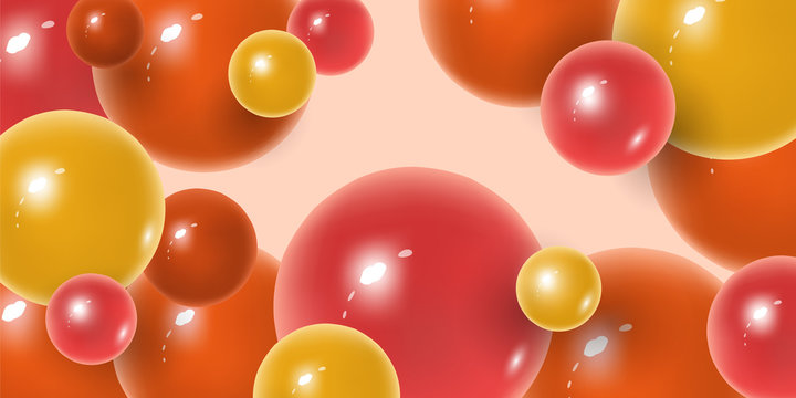 Vector abstract background with 3d effect, falling shiny glossy multi-colored plastic balls and spheres. Mockup for banner design, vector illustration.