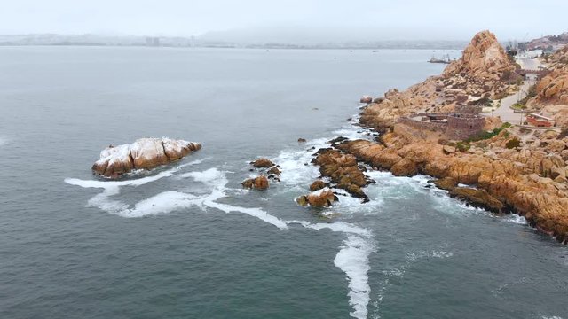 Fort Lambert, Cliffs, Hill, Pacific Ocean (Coquimbo, Chile) aerial view