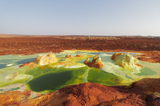 Acid pools on the surface of a volcano in the Dallol desert in Ethiopia