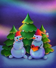 snowman winter christmas card tree poster illustration valentine love couple 