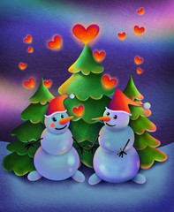 snowman winter christmas card tree poster illustration valentine love couple 