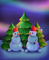 snowman winter christmas card tree poster illustration valentine love couple 