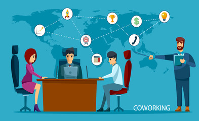 Concept of the coworking center. Business meeting. Shared working environment. People talking and working at the computers in the open space office.