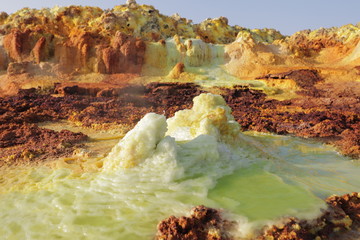 Landscape of minerals and acid pools on the surface of a volcano in Dallol, Ethiopia