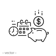 money savings icon, plan retirement, piggy bank, pension fund, employee income, thin line web symbol - editable stroke vector illustration eps10
