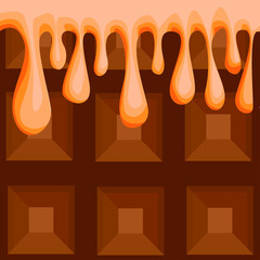 Vector illustration isolated piece chocolate with honey or caramel that flow over it. Concept chocolate products, confectionery. Can be used as background or  separate element in printing, web design.