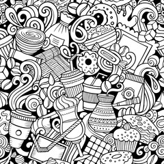 Cartoon cute doodles hand drawn Coffee Shop seamless pattern.