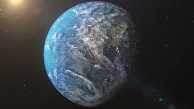 World and sun realistic 3D video. Shiny sunlight over Planet Earth, cosmos, atmosphere. Shot from Space satellite - 4K