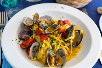 Hand-made pasta with seafood in Polignano a Mare. Apulia, Italy