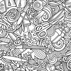 Manicure hand drawn doodles seamless pattern. Nails art background