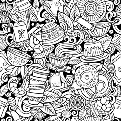 Cartoon cute doodles hand drawn Tea House seamless pattern.