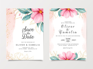 Abstract wedding invitation card template set with watercolor floral and gold glitter decoration. Flowers and leaves botanic illustration for background, save the date, invitation, greeting card,