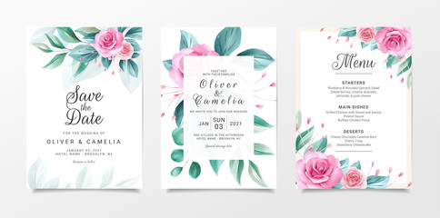 Elegant wedding invitation card template set with watercolor floral decoration. Flowers and leaves botanic illustration for background, save the date, invitation, greeting card, etc