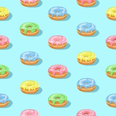 Vector seamless pattern of Donuts with blue, pink, yellow glaze and deep shadows on white background. Cartoon flat backdrop with dessert for sweet shop, Donut Day poster, print, textile.