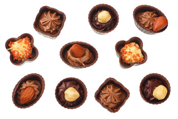 Chocolate pralines isolated on a white background. top view