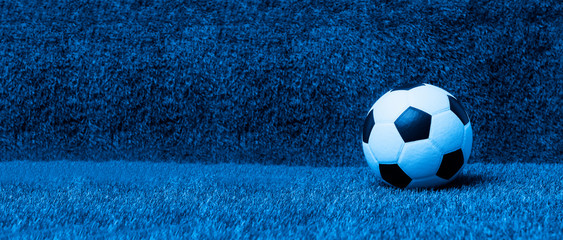 Black and white soccer ball on green soccer pitch. Blue filter