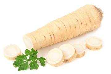 fresh parsley root with slices and parsley isolated on white background