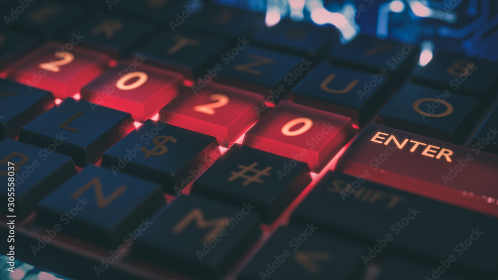 Fototapete close up view of keyboard with red light on 2020 number keys and enter key. technical concept for en