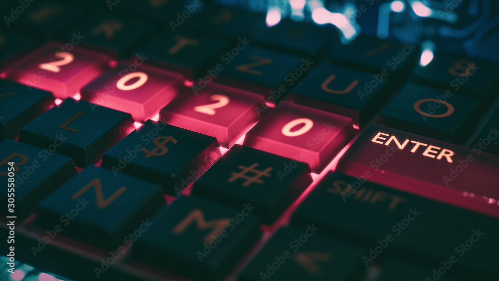 Poster close up view of keyboard with red light on 2020 number keys and enter key. technical concept for en