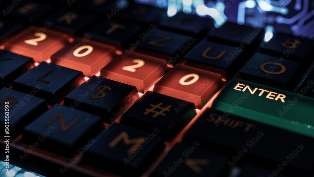 Fototapete close up view of keyboard with red light on 2020 number keys and enter key. technical concept for en