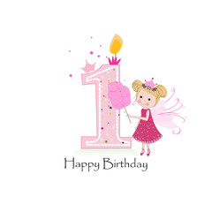 Happy first birthday candle. Baby girl greeting card with Cute fairy tale with cotton candy vector