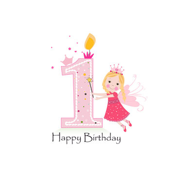 Happy first birthday candle. Baby girl greeting card with fairy tale vector background
