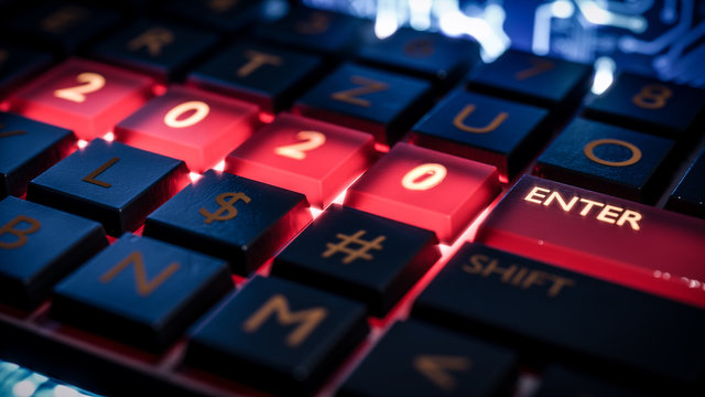 Close up view of keyboard with red light on 2020 number keys and enter key. Technical concept for entrance or start to new year. Happy new year, 2020. 3D rendering.