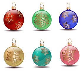 Set of colorfull christmas balls  decorated with bright snowflakes and  isolated on white background