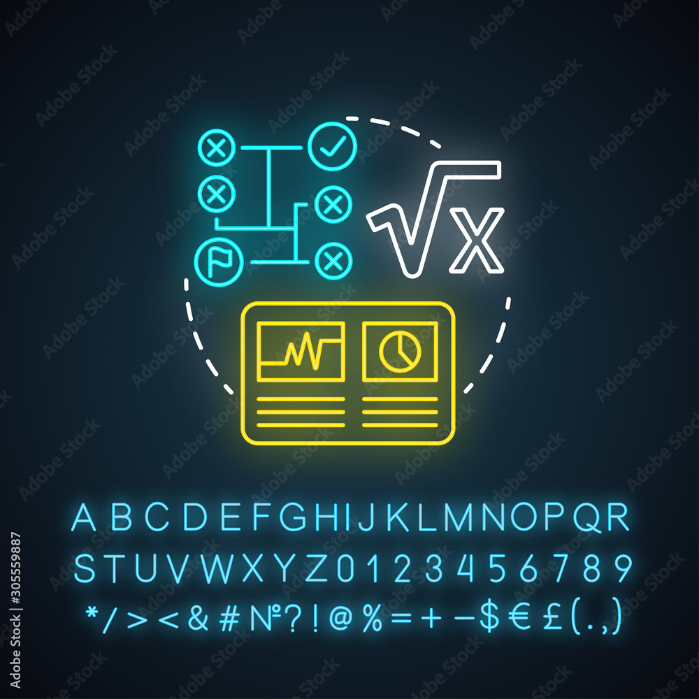 Poster mathematical base neon light concept icon. calculations idea. combination of numbers and digits. ari