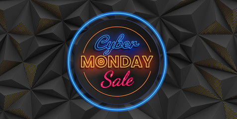 Cyber Monday sale illuminated text on black geometric triangular background
