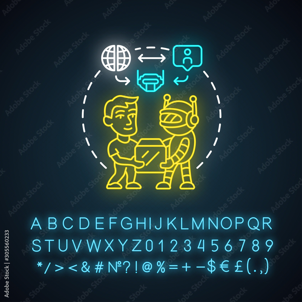Poster future with robots neon light concept icon. robotics in society idea. interaction with innovative te