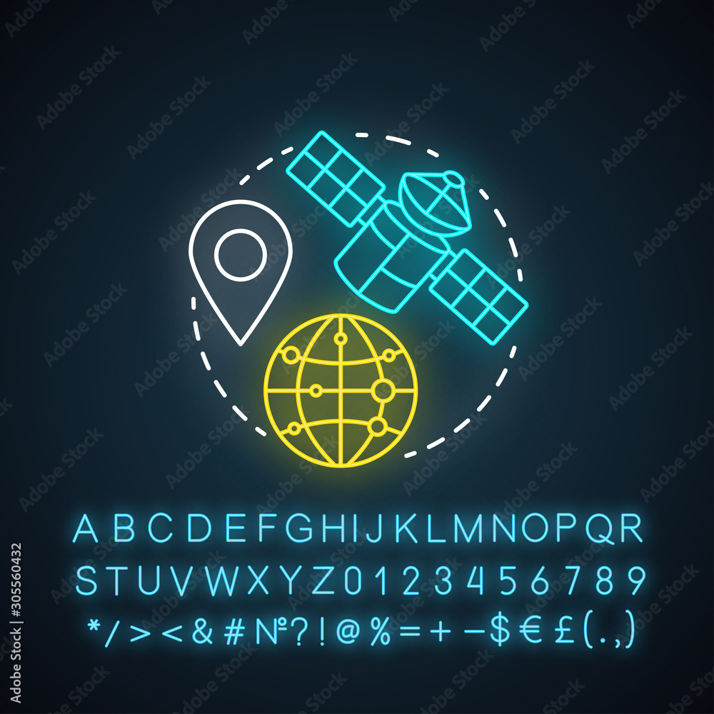 Poster navigations for flying robots neon light concept icon. satellites idea. gprs for drones, robotic dev