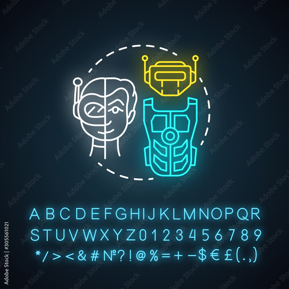 Poster battle robotics neon light concept icon. transformers idea. types of robots, classification. compute