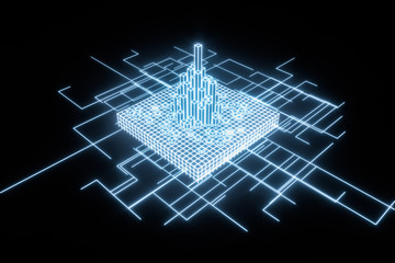 Cubes and lines with dark background, 3d rendering.