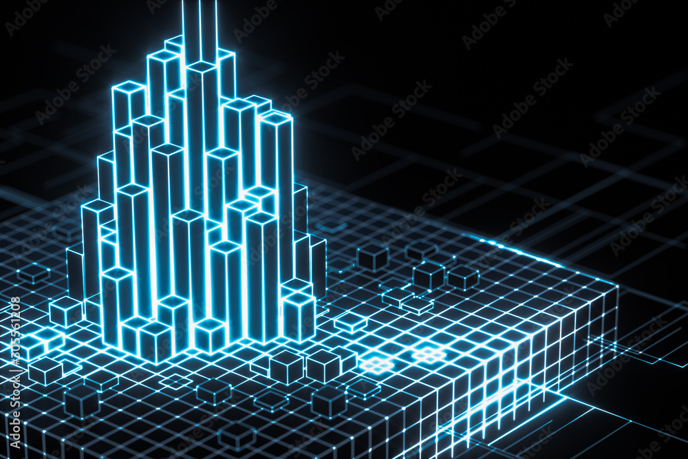 Poster cubes and lines with dark background, 3d rendering.