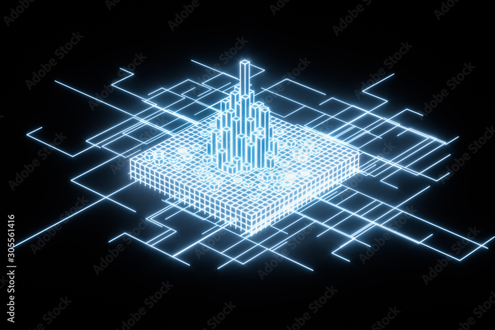 Poster cubes and lines with dark background, 3d rendering.