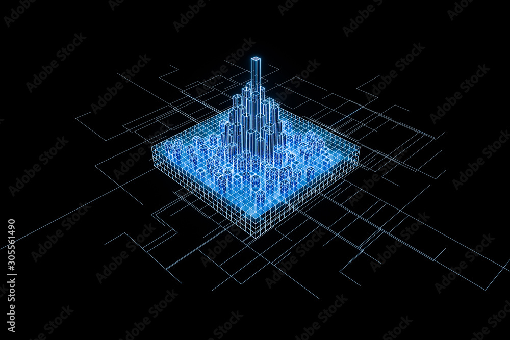 Poster cubes and lines with dark background, 3d rendering.